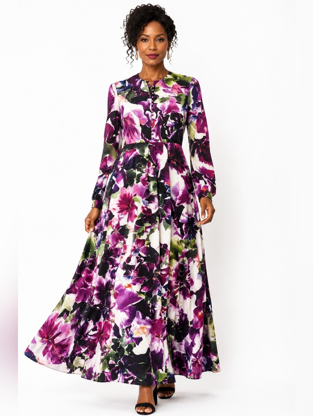 AnnahHariri Purple Watercolor Floral Maxi Dress Long Sleeve Size 6